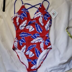 New Indigo Rein Red and Blue Feather Print One Piece Swimsuit Size M